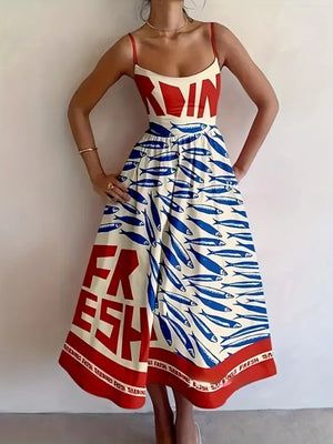 Spaghetti strap midi dress with bold sardine graphic print and "FRESH" text.