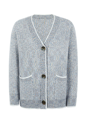 Textured knit cardigan in light gray with contrast trim and button front.
