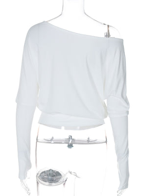 White cropped boat neck long-sleeve tee with a draped fit and off-the-shoulder detail.