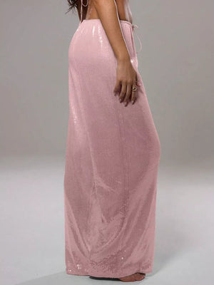 Dusty pink sequin wide leg pants with drawstring waist.