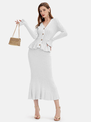 White knit cardigan set with ruffled hem and mermaid skirt, gold button detail