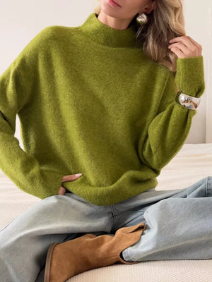 Relaxed mock neck knit sweater in Scarlet, acrylic blend, casual style.