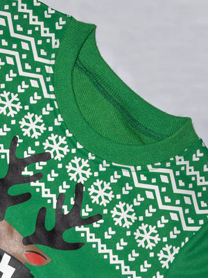 Festive green baby sweatshirt with reindeer and snowflake print.
