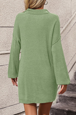 Lime ribbed knit polo dress with pockets and long sleeves.