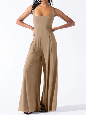 Camel square neck palazzo jumpsuit with wide legs and subtle pleating.