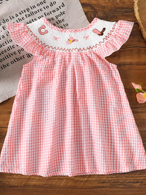Children's Smocked Plaid Ruffle Sleeve Dress in Pink, front view