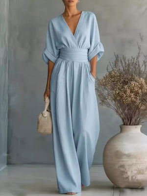 Full Size Half Sleeve Wide Leg Jumpsuit, front view
