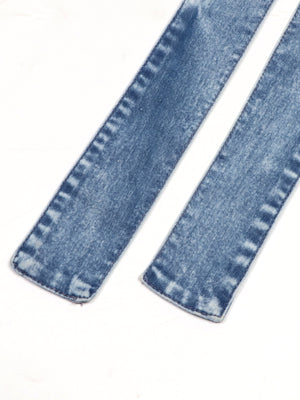 Denim halter neck dress straps with button front detail in acid wash blue cotton blend.