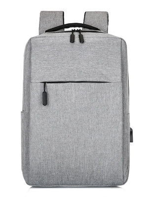 Light gray canvas school backpack with textured finish and dual zippers.