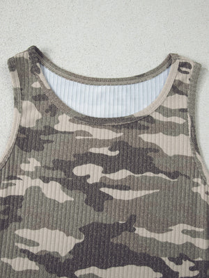 Ribbed knit camouflage tank top in army green with a scoop neckline.