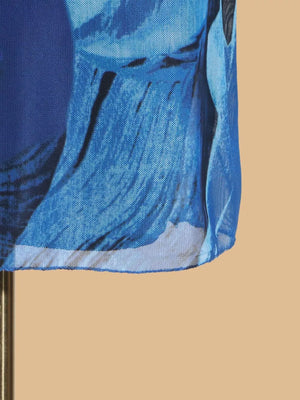 Blue abstract print mesh spaghetti strap dress detail