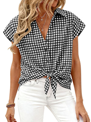 Black gingham print button-down shirt with short sleeves and a front tie detail.