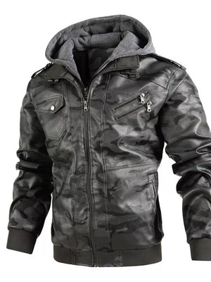 Men's faux leather moto jacket with hoodie in camouflage gray, featuring zippered pockets and button-down chest pockets.
