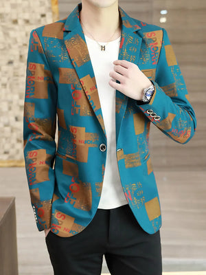 Men's slim fit blazer in turquoise with abstract print, buttoned front, and notched lapels.