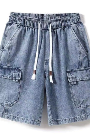 Blue denim cargo shorts for him with elastic waistband and drawstring.