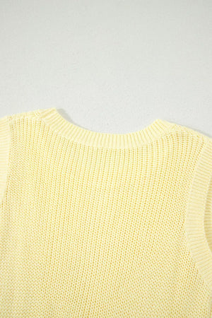 Yellow knit sweater vest with crewneck and ribbed trim.
