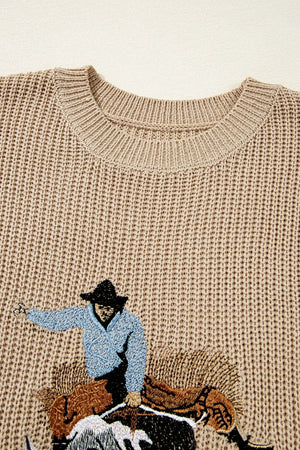 Tan knit tank top with embroidered cowboy riding a horse detail