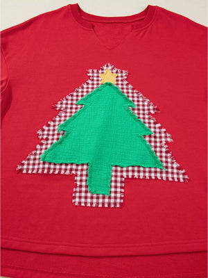 Red cotton sweatshirt with festive plaid Christmas tree applique and yellow star detail.