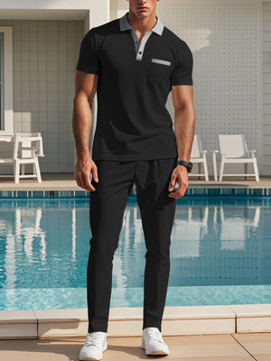 Men's Short Sleeve Polo And Pants Set Plus Size in Blue, back view