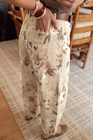 Retro Floral Print Relaxed Barrel Jeans in Beige, model styling view