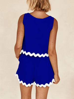 Royal blue scalloped edge tank and short co-ord set with white trim.