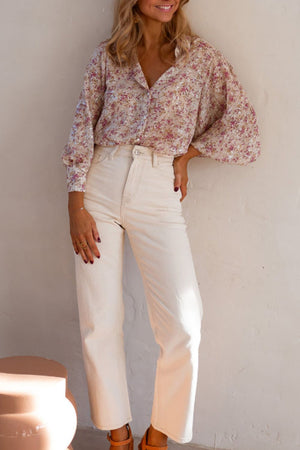 Sequin floral print relaxed fit blouse in dusty pink with balloon sleeves and a button-down front.