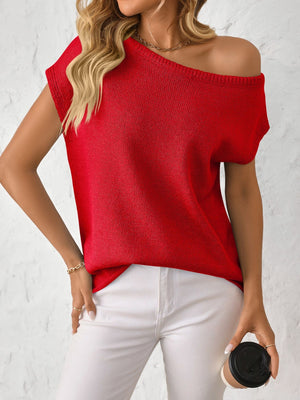 Off-the-shoulder knit tee in deep red with short sleeves and a boat neckline.