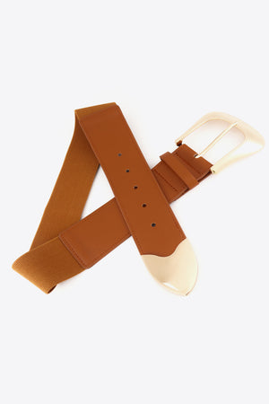 Caramel leather belt with elastic back and sculpted gold buckle detail