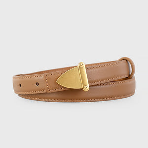 Brown cowhide leather belt with golden triangular buckle