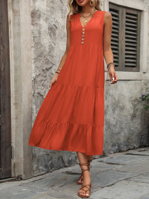 Orange-red tiered midi sundress with V-neck and button detail