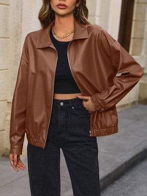 Brown faux leather bomber jacket with zip front and elastic cuffs