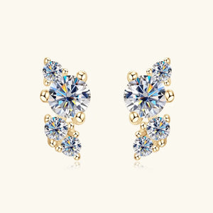 Gold celestial cluster diamond stud earrings with round-cut stones and gold bead accents.