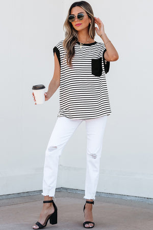 Black striped t-shirt with a black pocket detail and cap sleeves.