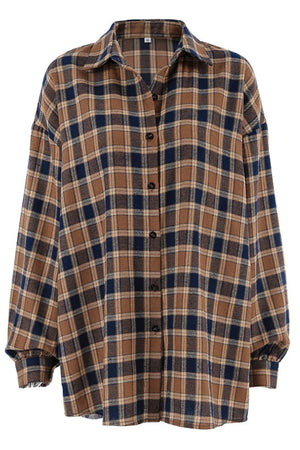 Oversized brown plaid button-up shirt jacket with a collared neckline and long sleeves.