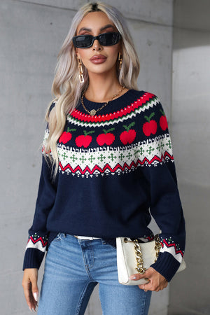 Dark blue acrylic sweater with festive Fair Isle apple motif and crewneck.