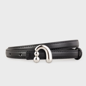 Black skinny leather belt with a silver U-shaped buckle and double ball detail.