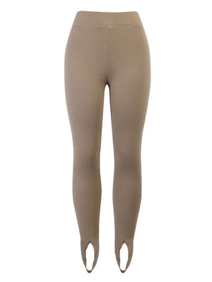 Camel ribbed knit stirrup leggings with a high waist.