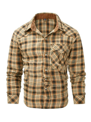Tan plaid cotton button-up shirt with corduroy collar and chest pockets.
