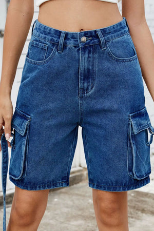 Blue denim cargo shorts with straps and utility pockets.