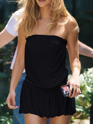 Ruched strapless black mini dress with studded waistband detail