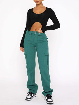 Turquoise utility pocket straight leg trousers with cargo pockets