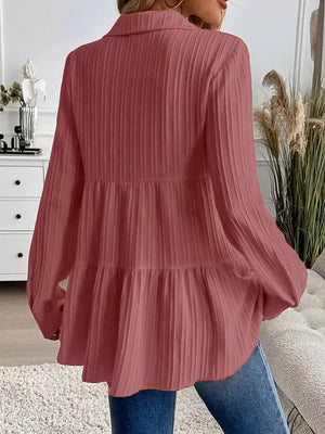 Textured tiered button-down shirt in Dusty Pink with vertical ribbing and a peplum hem.