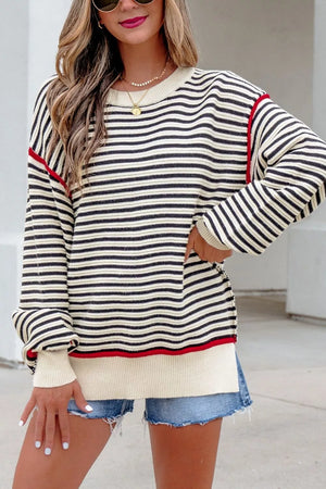 Stripe Ribbed Trim Drop Shoulder Oversized Sweater in Stripe, close-up detail