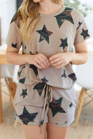 Camo star print pajama set with drawstring shorts and short sleeve top