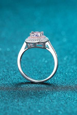 Silver ring with halo moissanite and pink diamond accents
