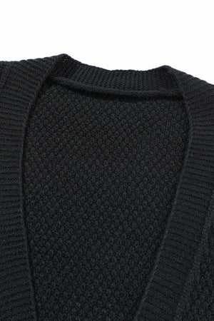 Black acrylic knit cardigan with textured stitch and V-neck detail