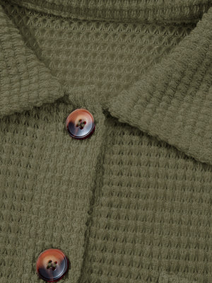 Moss waffle-knit collared shirt with button detail and tortoiseshell buttons.