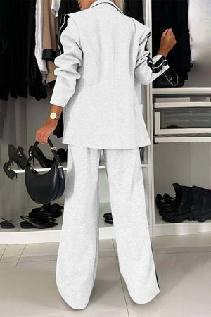 Light gray track stripe blazer and wide leg trouser set with black sleeve stripes