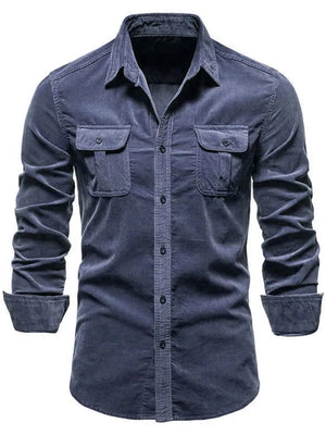 Dark Gray corduroy utility shirt with two chest pockets and button front.