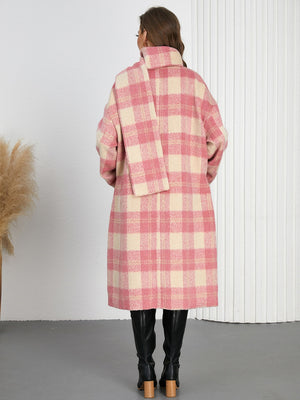 Pink and cream plaid cocoon coat with matching scarf, shown from the back.